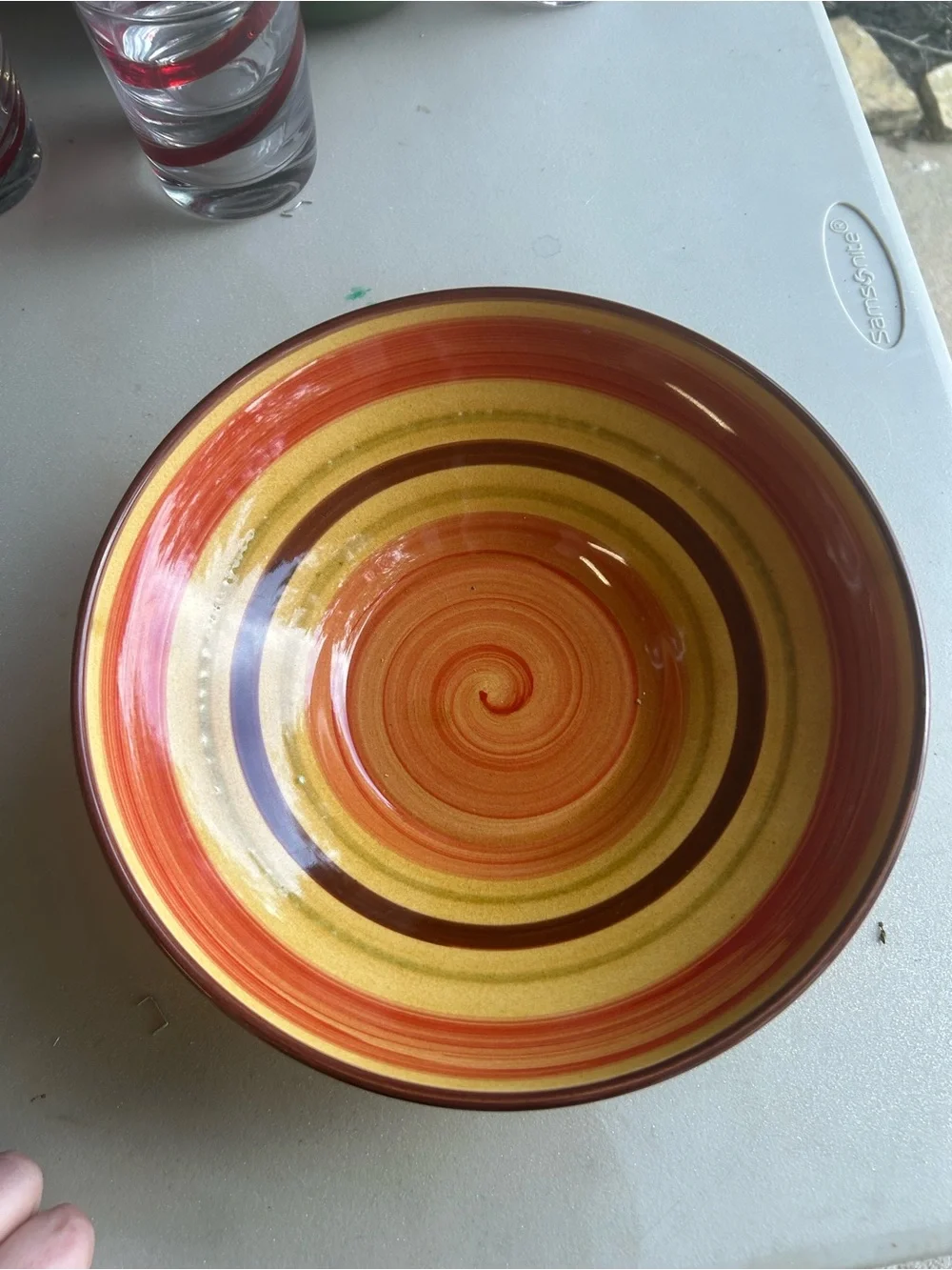 Crate & Barrel Ceramic Individual Pasta Bowls Red, Yellow & Brown Bands Set of 2